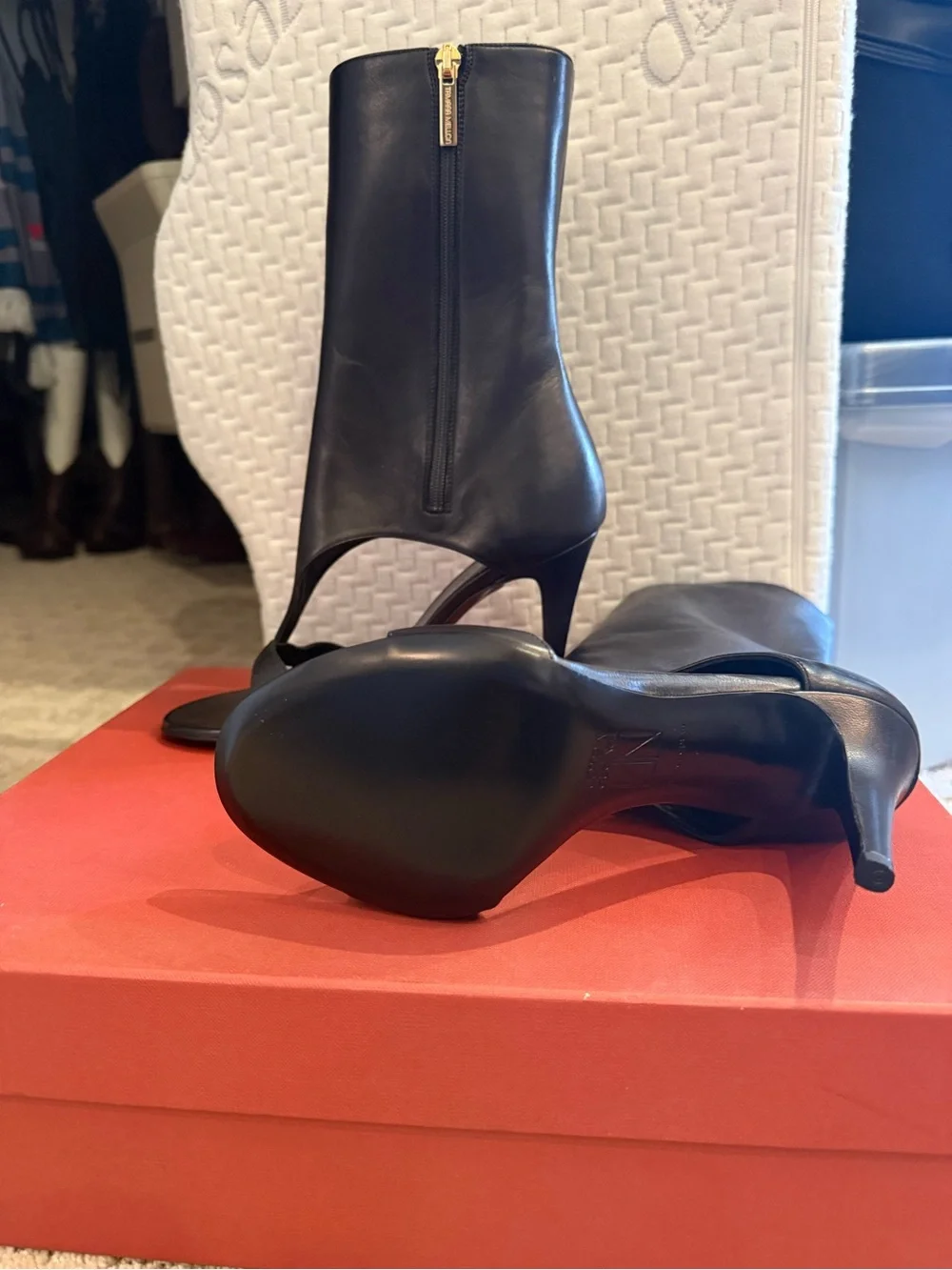 Tamara Mellon Black Open-Toe Leather High-Heel Booties